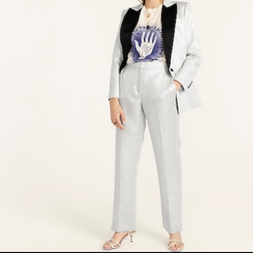 J Crew Full Length Straight-leg Pant in Metallic Silver Lame